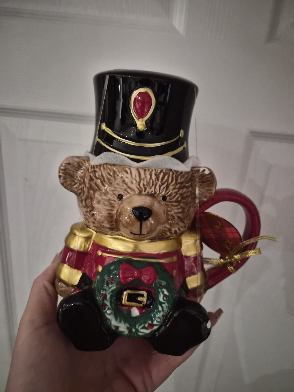 Festive Nutcracker Bear Ceramic Mug - Red, Black, Gold, Green